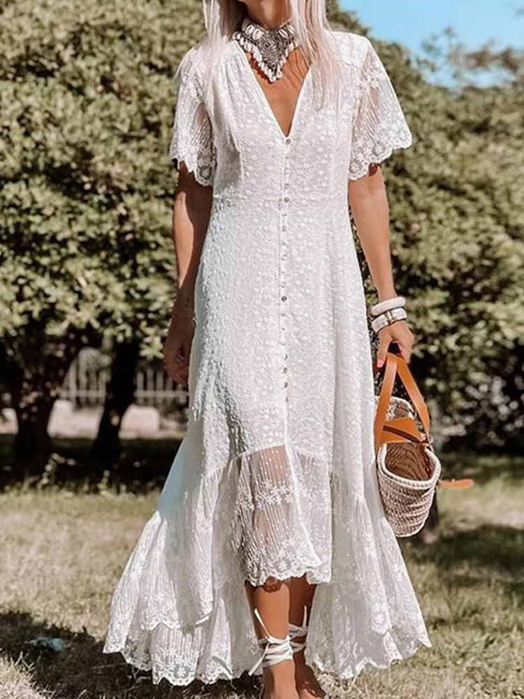 

Женское платье с цветочной вышивкой Boho, Летнее белое кружевное платье с коротким рукавом, Элегантное повседневное приталенное длинное платье с асимметричным подолом, Vestidos