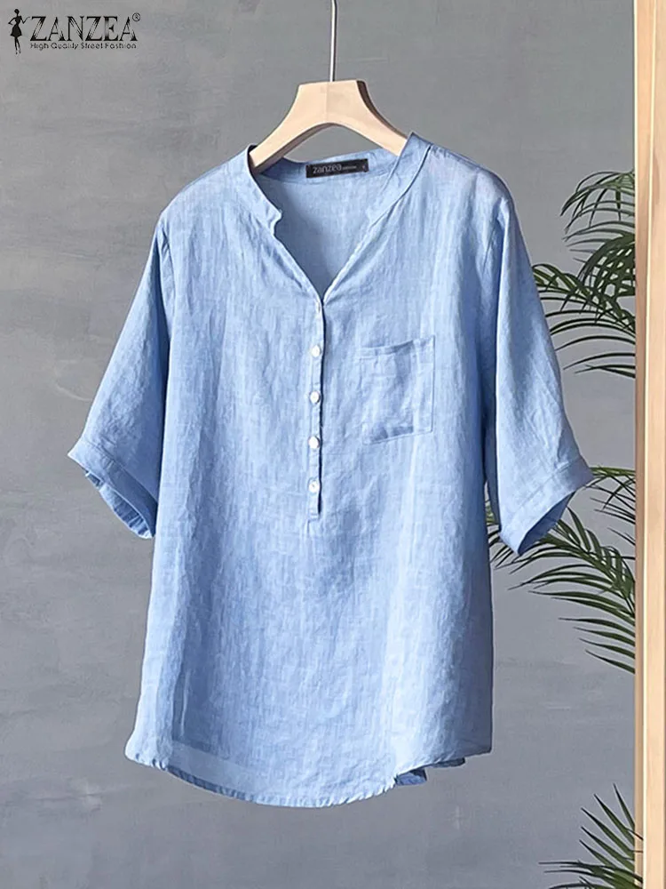 

ZANZEA Vintage Solid Color Tops Fashion Woman Blouses 2023 Summer Half Sleeve V-neck Tunics Casual Loose Buttons Shirts Blusas