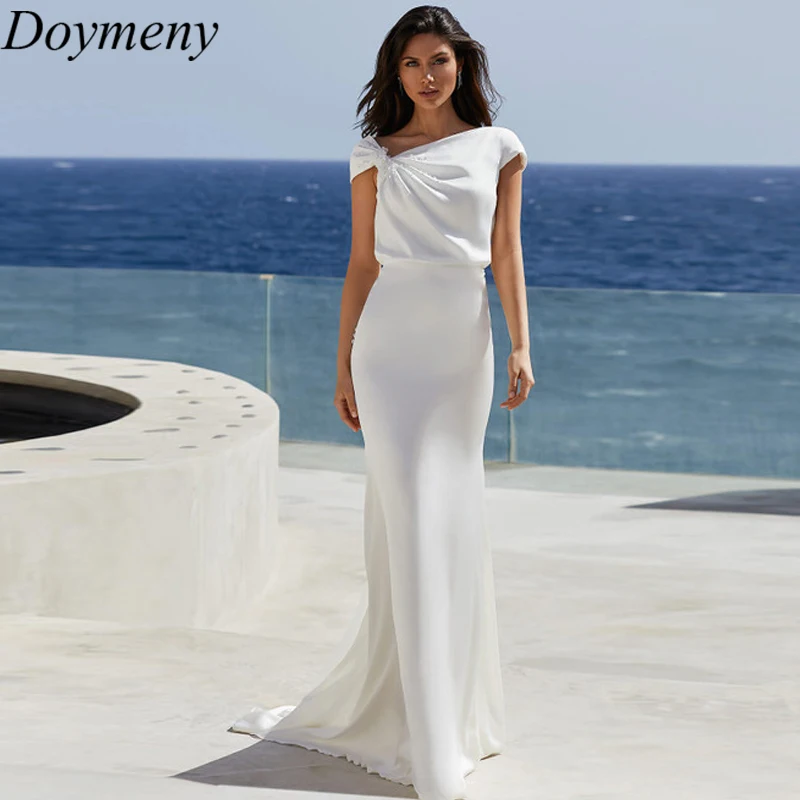 Купи Doymeny Wedding Dress For Women Strapless Sweep Train Satin Button Criss-Cross Draped Short Sleeves Simple A-Line Robe De Mariée за 8,712 рублей в магазине AliExpress