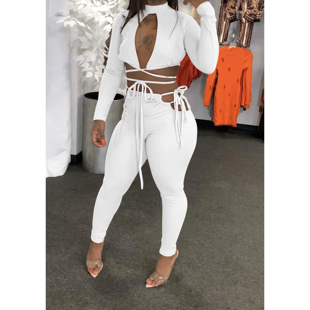

Sexy Club Party Matching Women's Set Outfits Bandage Crop Top and Cut Waist Pants Two Piece Set Sport Tracksuit