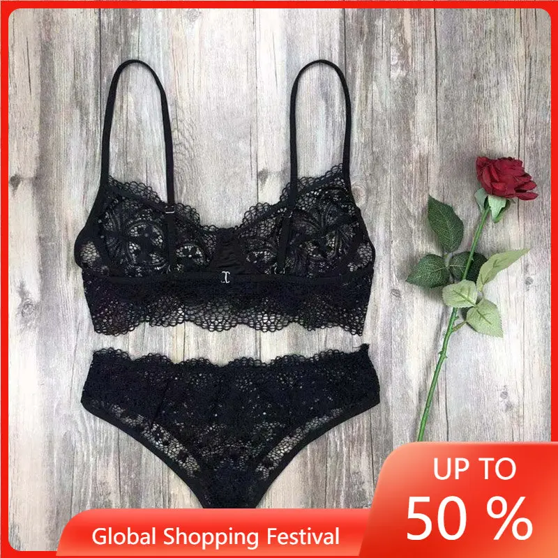 

Sexy Eyelash Lace Bra Set European and American Lace Underwear Sexy Perspective Temptation Suit Solid Color Eyelashes 2pcs Set