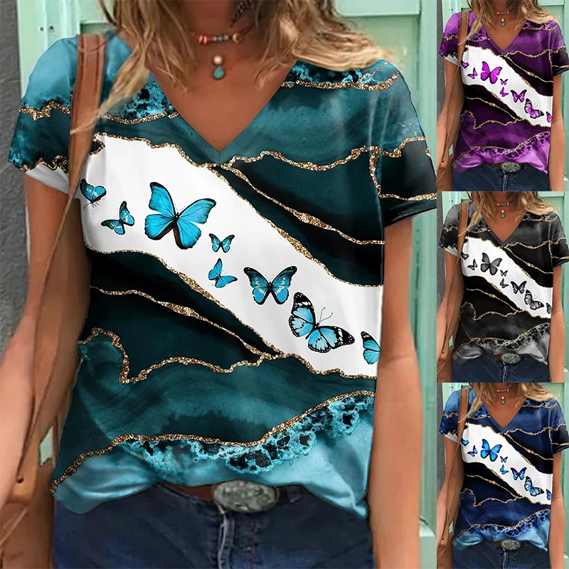 

Женская футболка с 3D-принтом бабочки, Женский пуловер с V-образным вырезом, Повседневная модная уличная одежда, дизайнерские футболки, лето 2022
