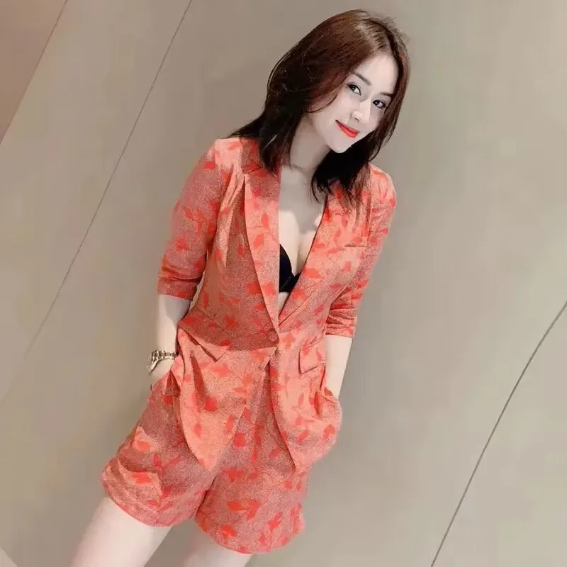 

2023 New Spring and Summer Fashionable Women's Suit Korean High-end Silk Like Suit Shorts Two Piece Elegant Women's Suit