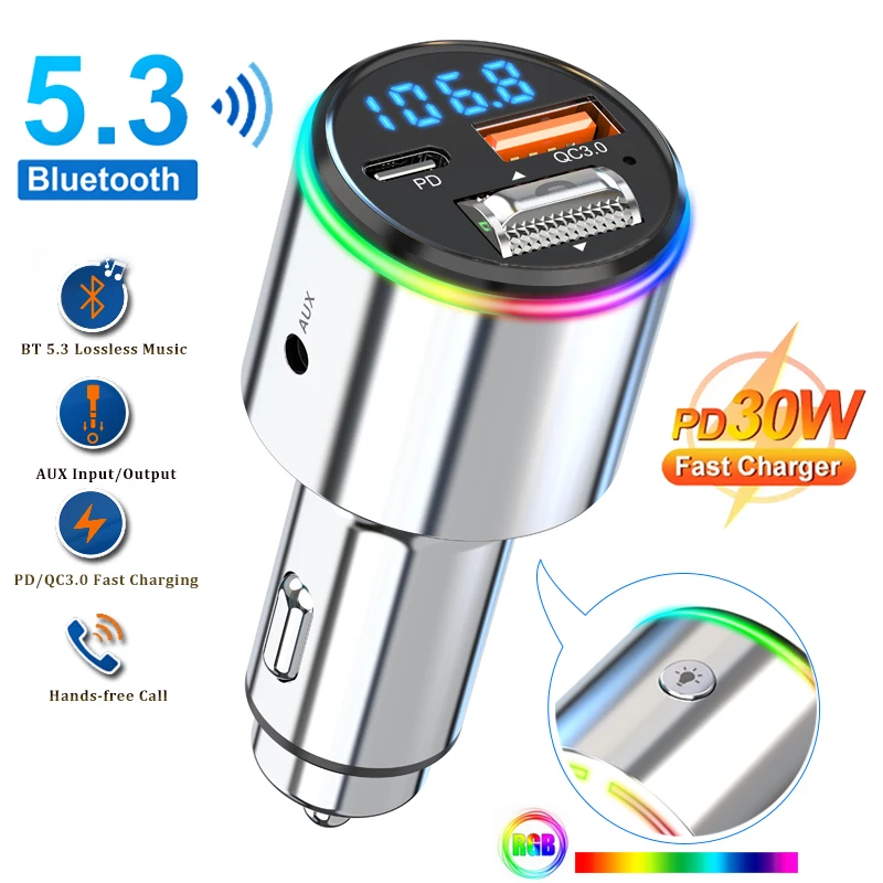 

New Bluetooth 5.3 FM Transmitter Handsfree Car MP3 Player Stereo Car FM Modulator PD30W Quick Charge QC3.0 AUX Player RGB Light