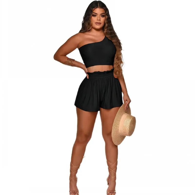

Shorts Tracksuit 2 Piece Sets One Shoulder Crop Tops And Short Suit Summer New Fashion Solid Sexy Beach Style Two Piece Outfits