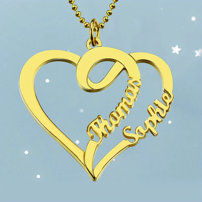 Women Fashion Double Heart Love Necklace With Two Names Gold Custom Name Necklaces for Lover Couple Jewelry Gift |
