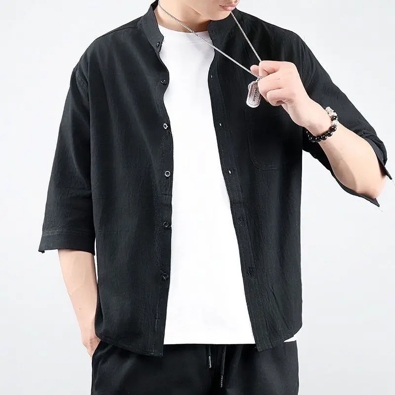 Summer Brand High Quality linen shirt Men loose large Size Cotton and linen three-quarter sleeve Casual shirt Breathable shirt