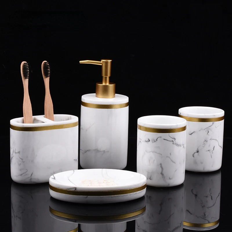 

5Pcs Resin Bathroom WC Toilet Accessories Sets Decoration Organizer Soap Dish Shampoo Dispenser Toothbrush Holders Box Cups Kits