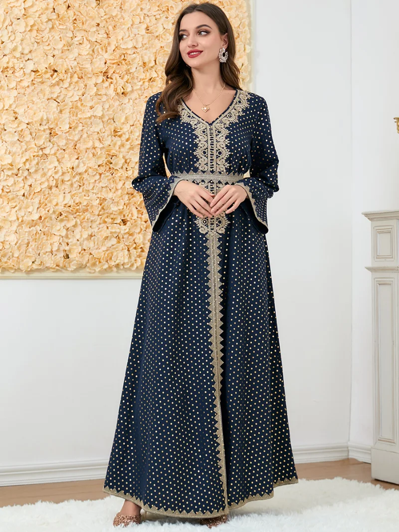 Turkey Dresses For Women Polka Dot Lace Embroidery V-Neck Long Sleeve Elegant A-Line Dress Belted Kaftan Muslim Women Clothing