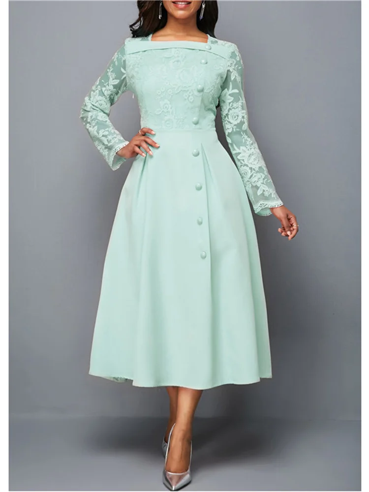 

2022 New Harajuku Vintage Women's Dress Elegant Long Sleeve Lace Stitching High Waist Big Hem Mid-length Retro Dresses for Women