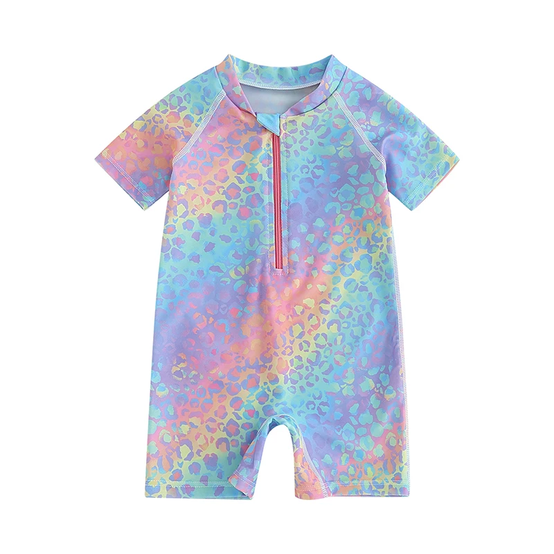 

Newborn Baby Girl Summer Swimsuits Leopard Print Zipper Different Colors Short Sleeve Beachwear Toddler Bathing Suits