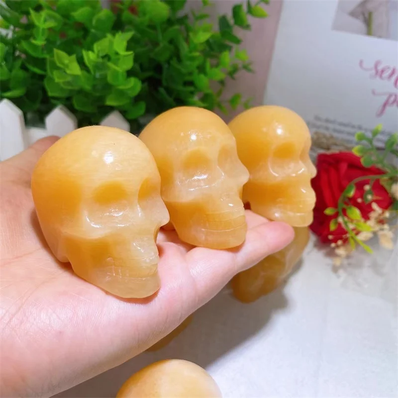 

Skull Statue Natural Yellow Caclite Stone Carved Decoration Healing Crystal Reiki Figurine Spiritual Wicca Gift