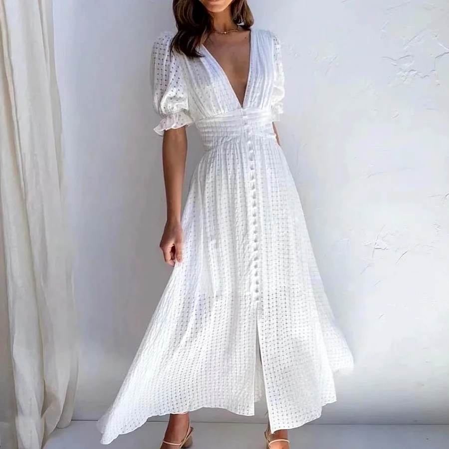 

LEDP White V Neck Sexy Casual Chic Long Dress Elegant Puff Sleeve Women Summer Dress Elastic Ladies Holiday Dress Vestidos