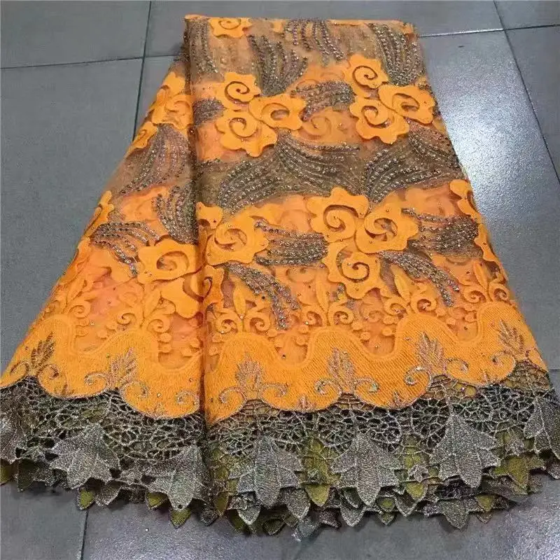 

Yellow African Lace Fabric High Quality Double-Color Milk Silk Lace Fabric For Wedding Latest Stoned French Lace Fabric KR20326