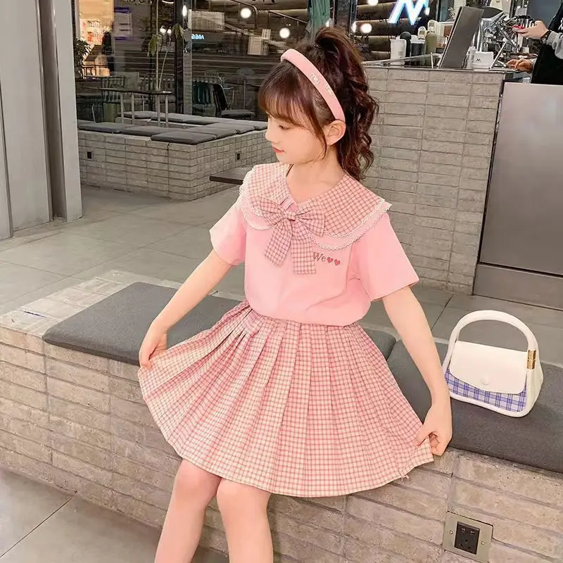 

2023 New Summer Teens Dress Girl JK Girls Japanese Preppy Style Pleated Skirt Vintage Sailor Collar Student Kawaii Plaid 4-14Yrs