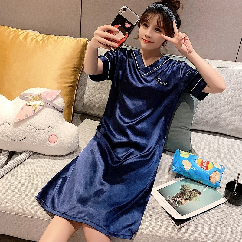 2022 Summer Plus Size Short Sleeve Sexy V-neck Silk Satin Nightgowns for Women Cute Sleepwear Nightdress Night Dress Home Nighty
