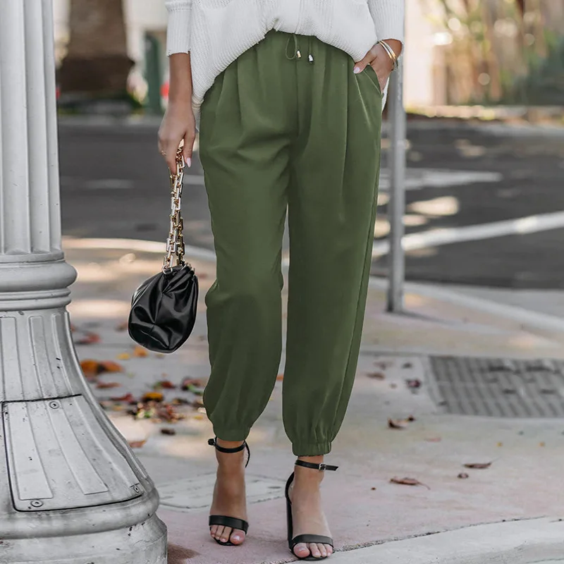 

2023 Autumn Women's Pants Black Pockets Elastic Waist Drawstring Loose Casual Pants Female New Elegant Sports Ladies Bottom