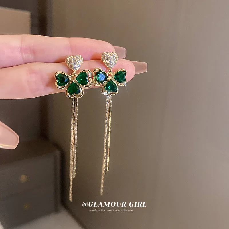 

Long Tassel Full Rhinestone Drop Earrings Green Clear Heart Crystal Popular Dangling Jewelry Gift Party