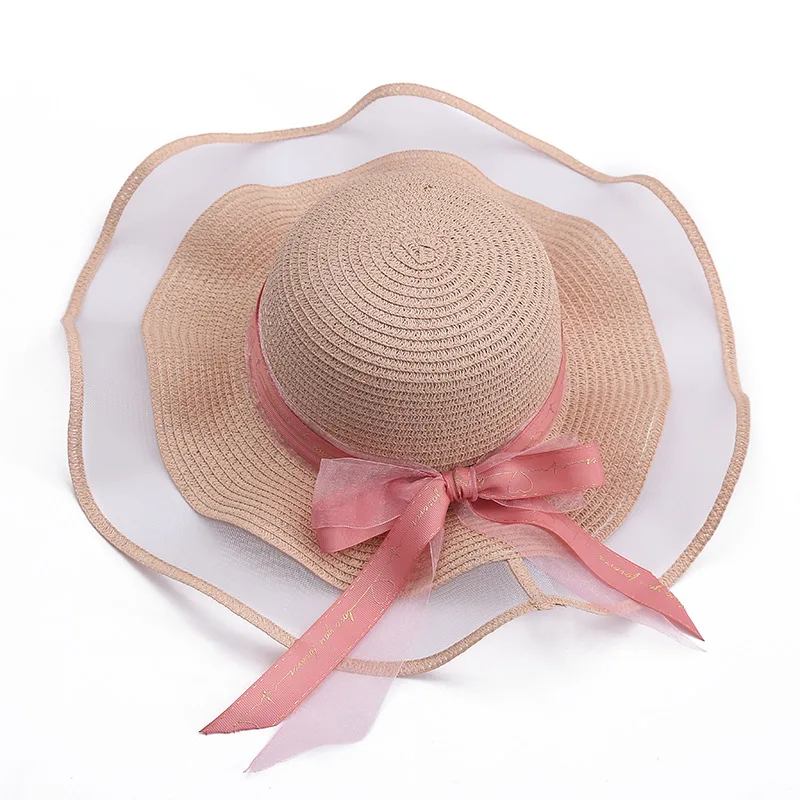

Summer sun protection hat mesh straw hat elegant big brim hat foldable sun protection seaside outing bow hat
