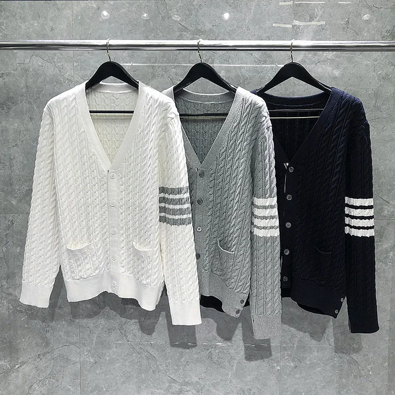 TB THOM Men's Sweater 4-Bar Cable Stripes V-neck Cardigans Solid Thick Warm Sweaters 2022 Korean Fashion Brand Winter Tops