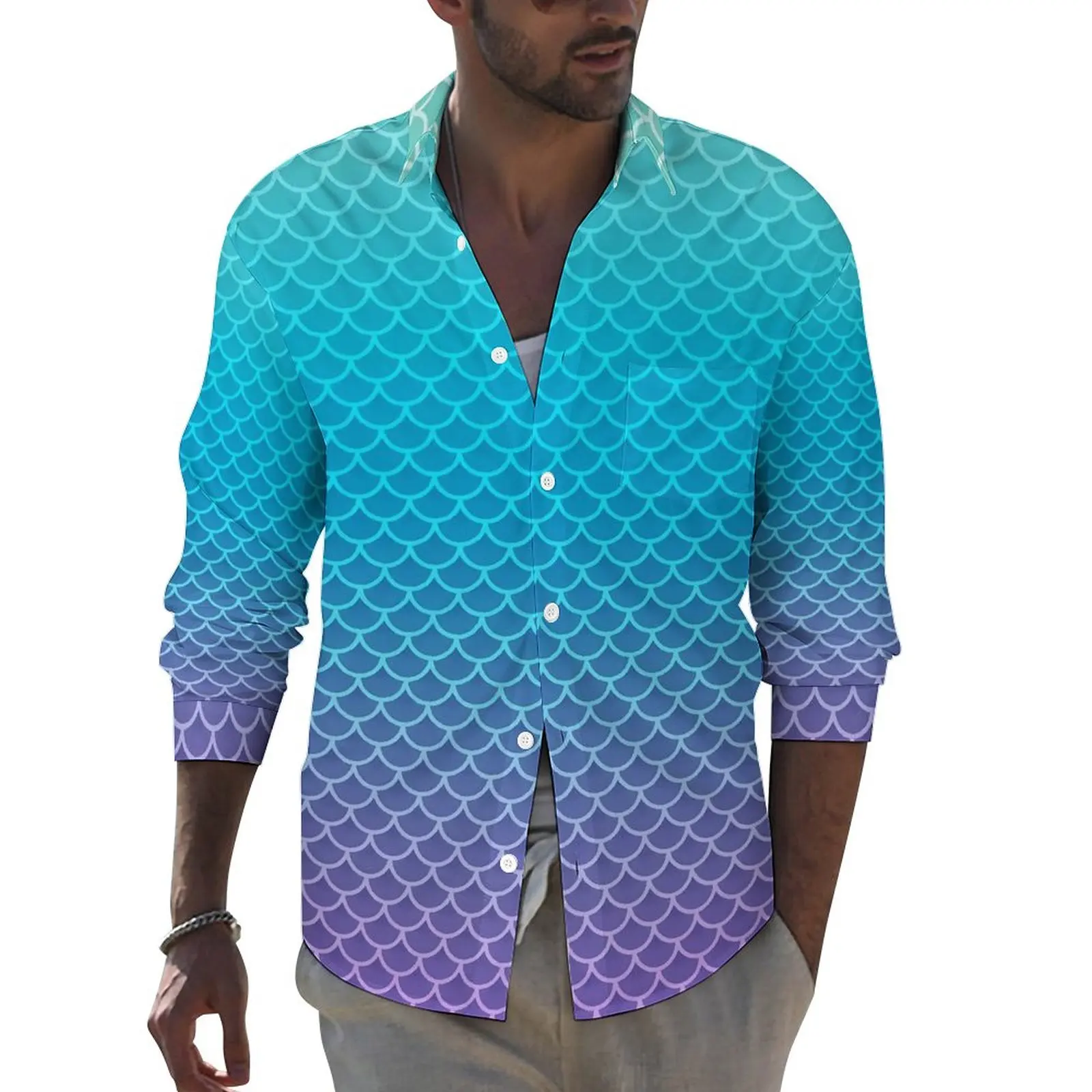 

Рубашка для мермад с эффектом омбре, мужские повседневные рубашки в виде рыбьей чешуи, блузки в уличном стиле с принтом, трендовые Топы большого размера с длинным рукавом, подарок на день рождения