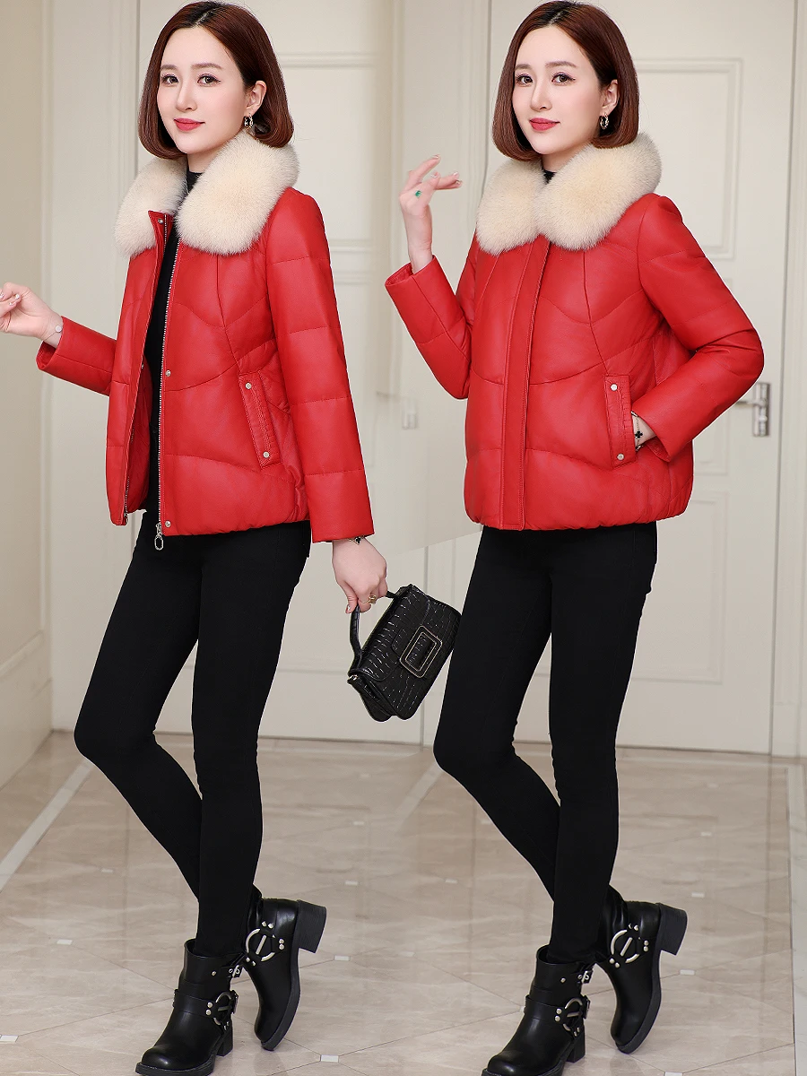 Женский пуховик из натуральной кожи новинка зимы 2024 модное пальто овечьей для