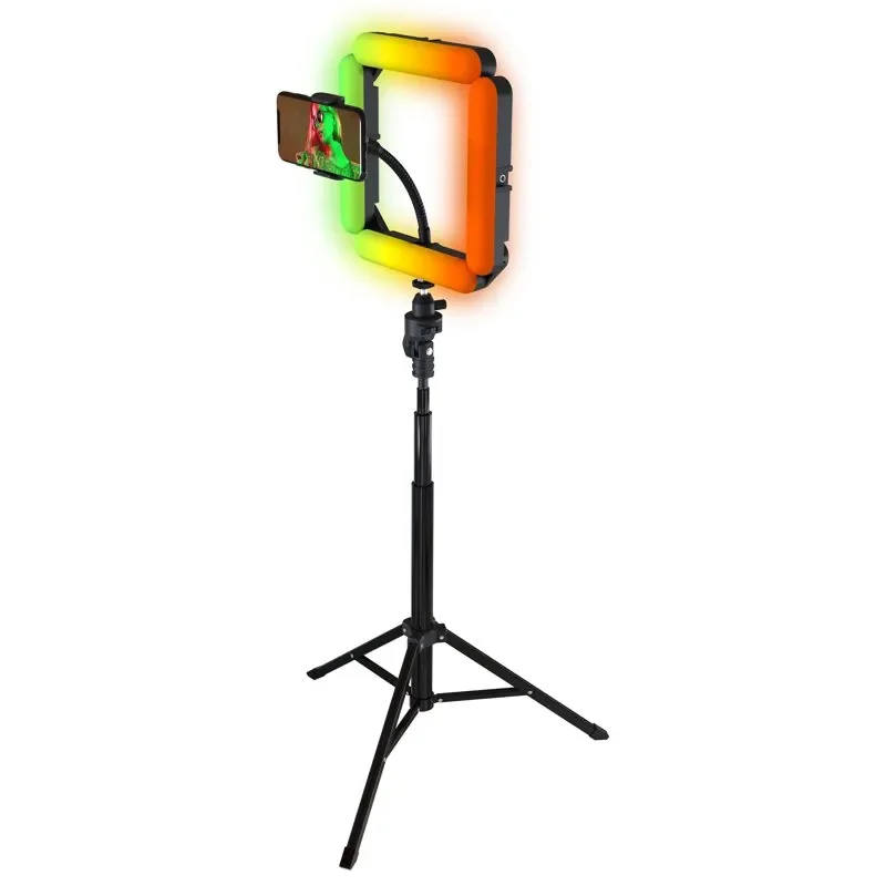 

Stand Stylish White and RGB LED Ring Light with Tripod & Black Stand for Perfect Lighting Efficiency.