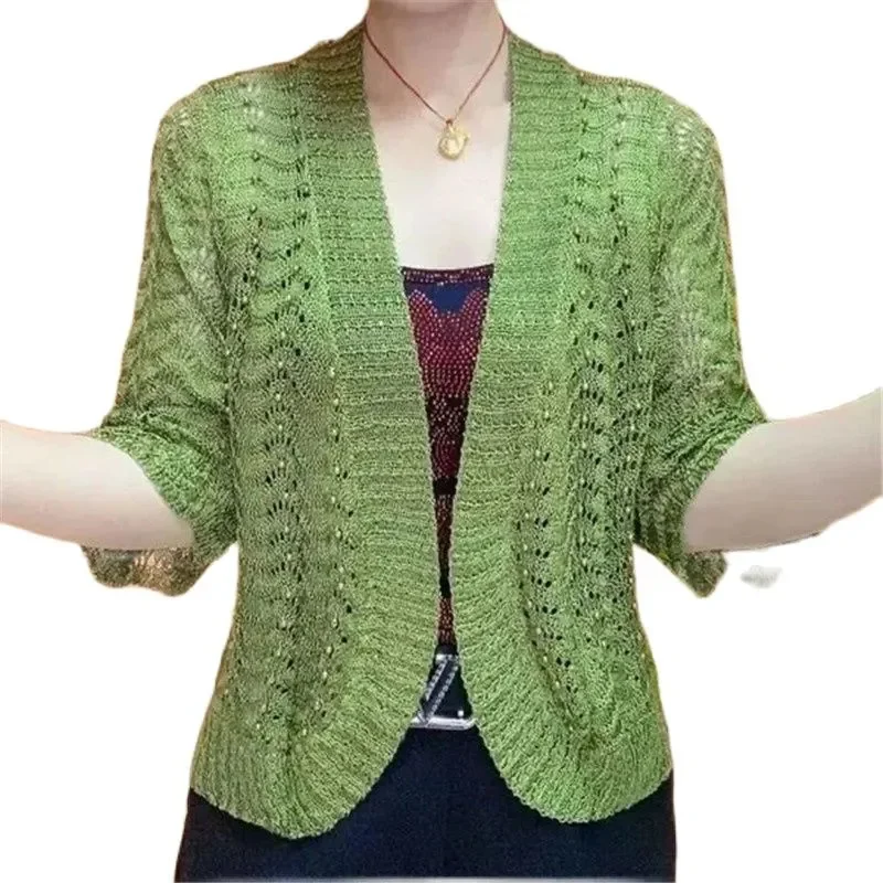 

Spring Summer New Ice Silk Knit Cardigan Middle-Aged Elderly Mothers With Beading Joker Solid Color Shawl Hollow Sunscreen Coat