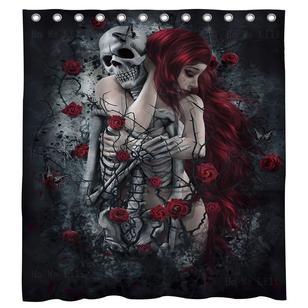 

Gothic Fantasy Art Beauty Red Hair Girl Holding Skeleton Beautiful Skull Rose Tattoo Shower Curtain By Ho Me Lili For Bath Decor