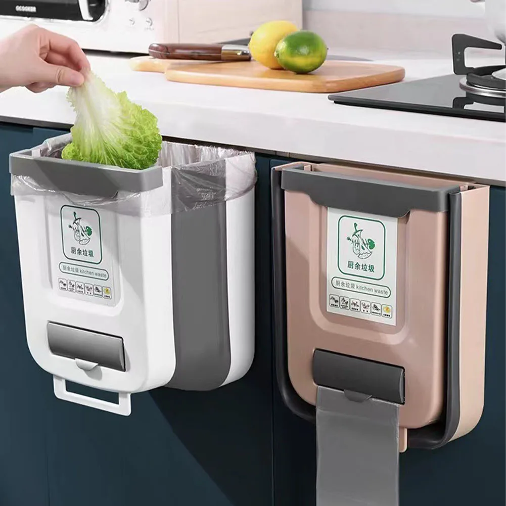 

7/10L Kitchen Wall Mount Folding Trash Can Home Cabinet Hanging Large Capacity Storage Trash Basket With Trash Bag Dispenser