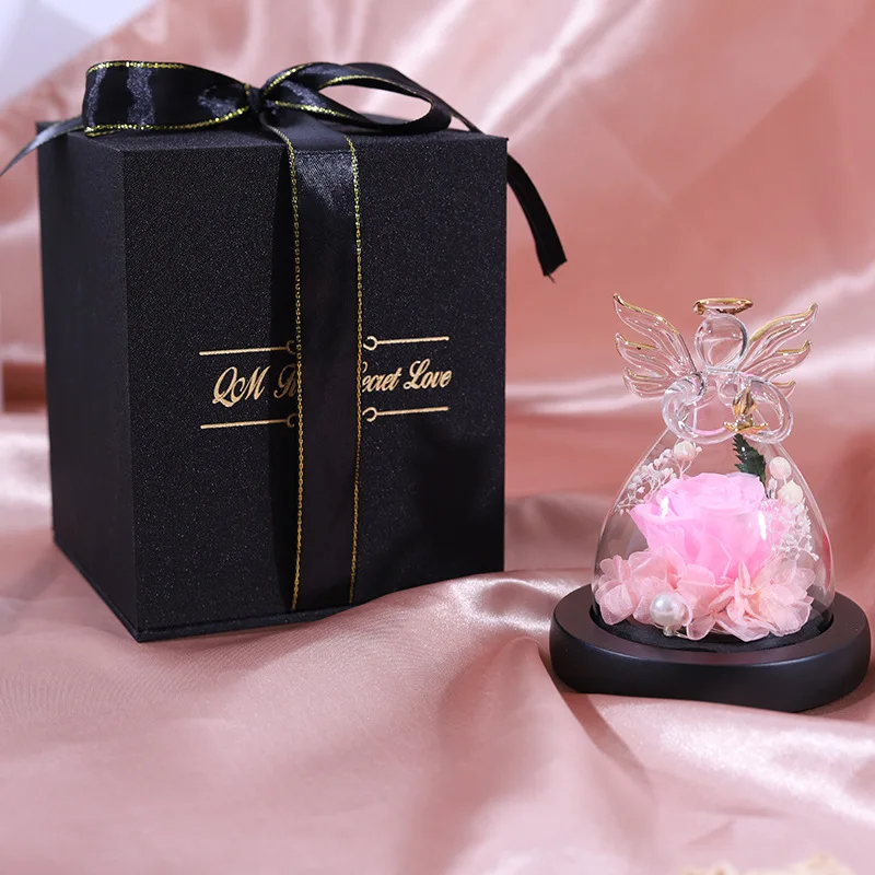 

Eternal Flower Real Rose Little Angel Glass Cover Dried Flower Valentine's Day Easter Decoration Gift Night Light