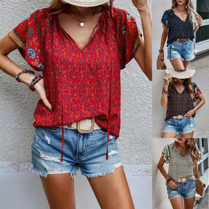 

2023 women's summer new casual ethnic style printed V-neck short-sleeved loose shirt Casual shirts for women tops
