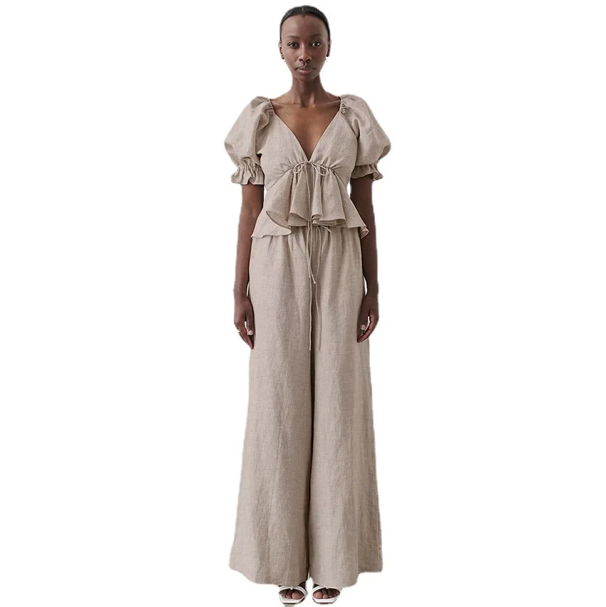 

Новый элегантный женский комплект из рубашки из хлопка и льна, комплект из двух предметов, топ с V-образным вырезом на завязках и рукавами-фо...