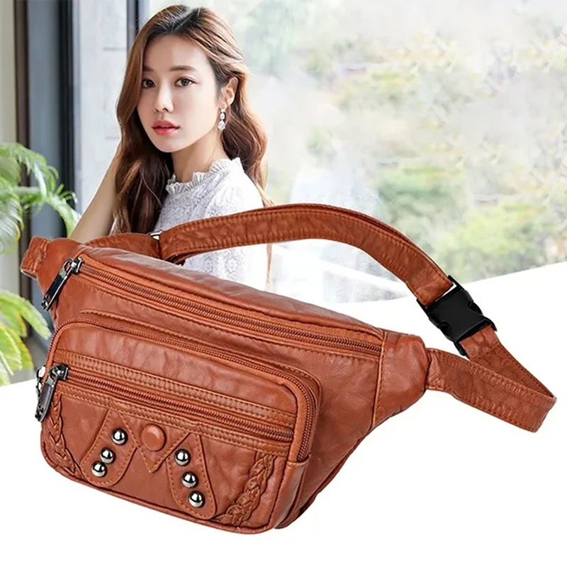 

Fashion Rivets Women Belt Waist Bag Designer Fanny Pack Soft PU Leather Simple Female Phone Pockets Bags Branded Chest Bag Sac