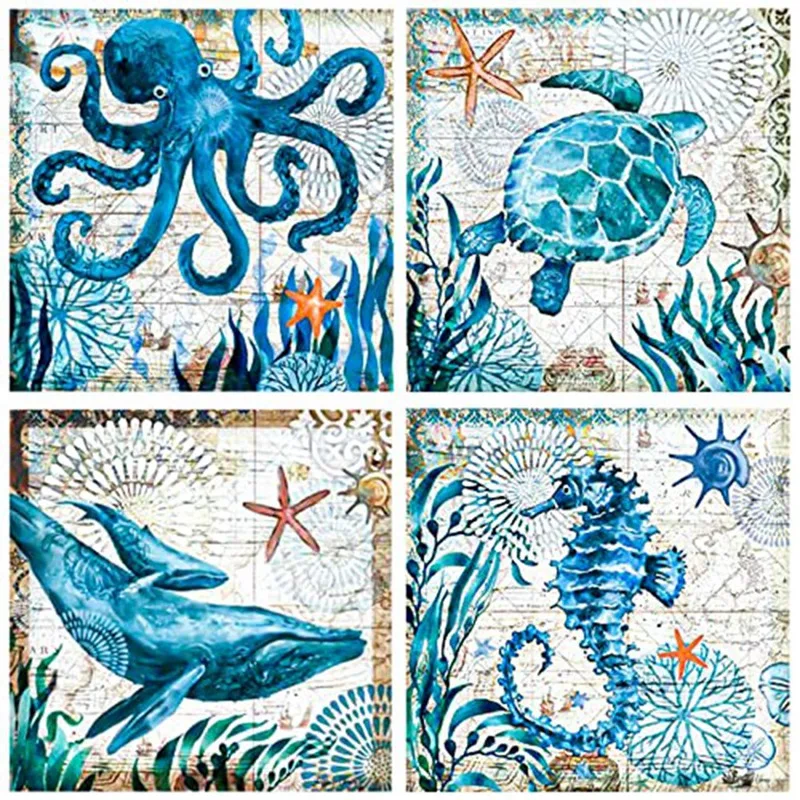 

4 Pack 5D Diamond Painting Kits, 30 X 30 Cm Adults By Number Diamond Painting Artkits ,For Home Wall Decor Sea Animal