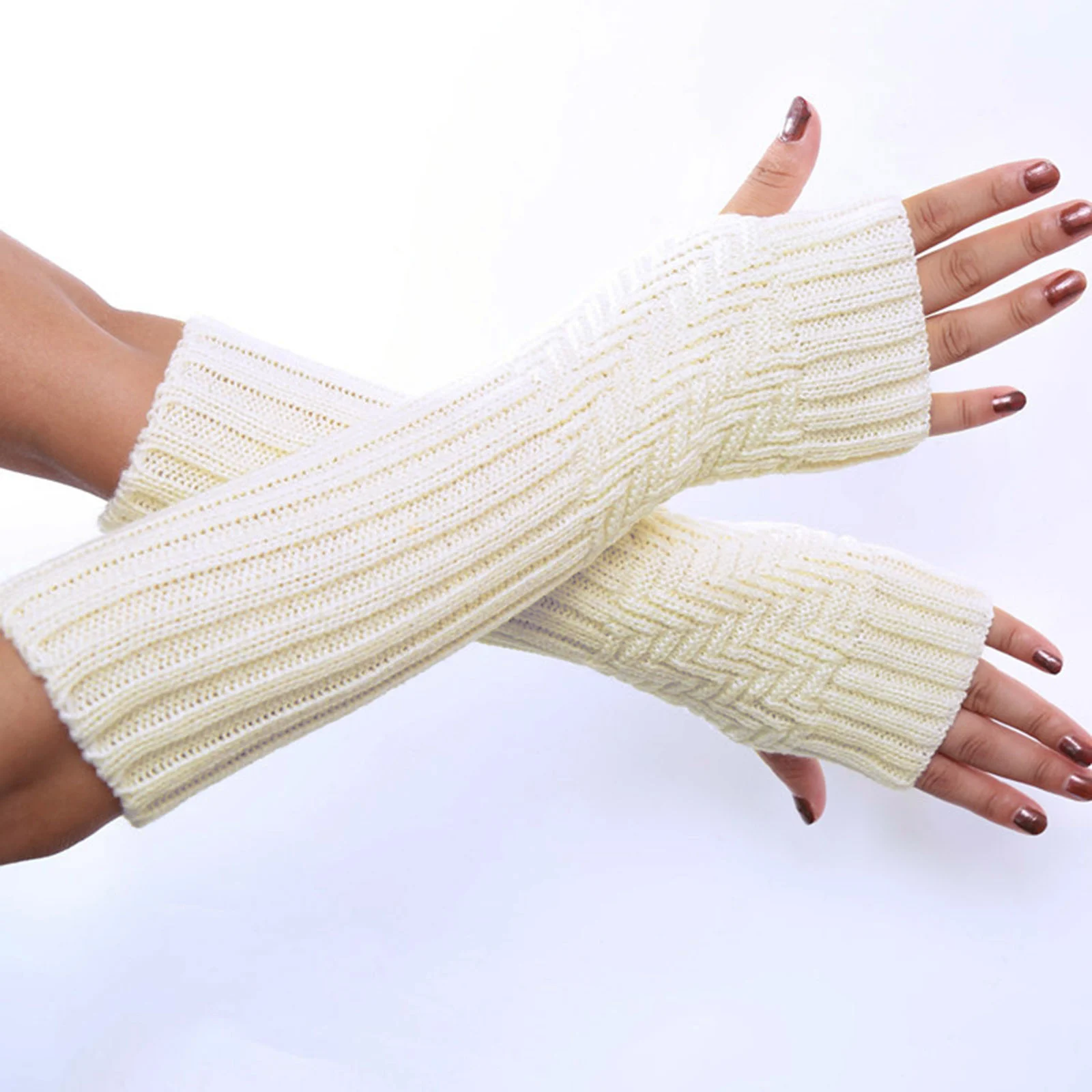 

Women Long Fingerless Gloves Soft Solid Color White Lolita Kawaii Mittens Winter Warm Knit Wool Guantes y2k Touch Screen Glove