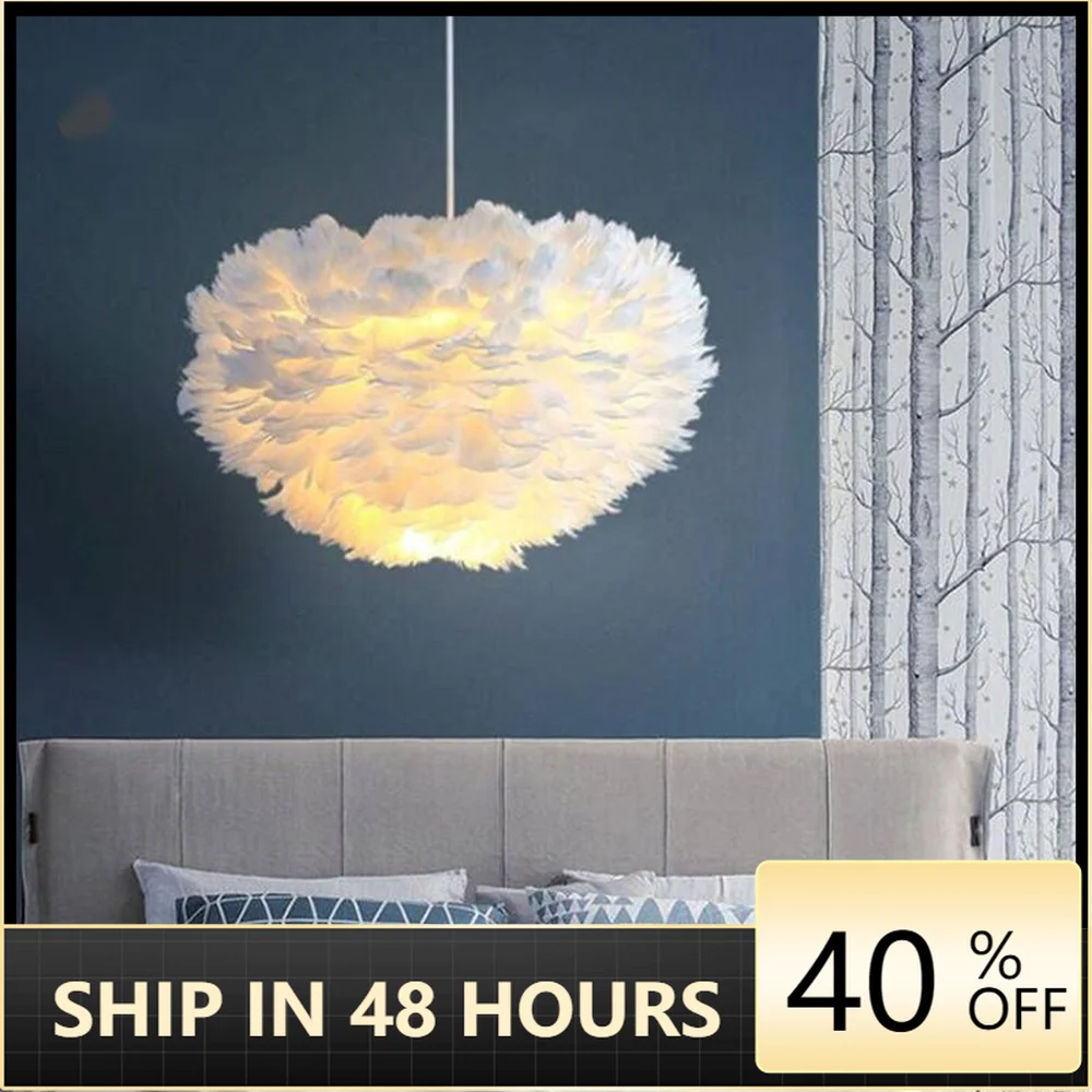 

Modern Design White Goose Feather Pendant Lamp E27 Lamp Holder Fairy Hanging Lamp Bedroom Dining Room Chandelier Ceiling Light