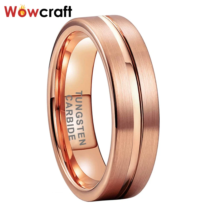 

6mm Womens Tungsten Jewelry Steel Ring Men Rose Gold Wedding Bands Center Grooved Brushed Finish Pip Cut Comfort Fit