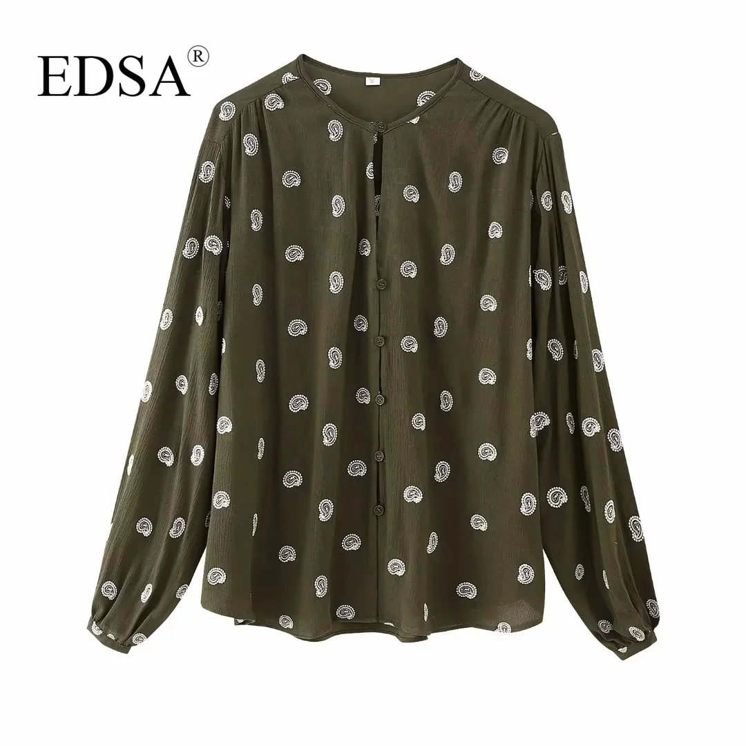 

Женская рубашка с вышивкой EDSA, винтажный топ в деревенском стиле с круглым вырезом и длинными рукавами, уличная одежда с пуговицами спереди, лето 2023