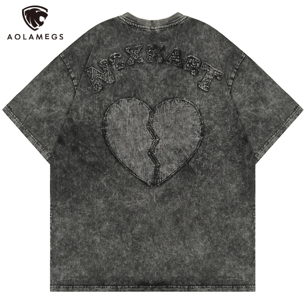 

Aolamegs Men Vintage Solid Letter Heart Patches T-shirt Men Washed Distressed Cotton Tee Tops Casual High Street Punk Streetwear