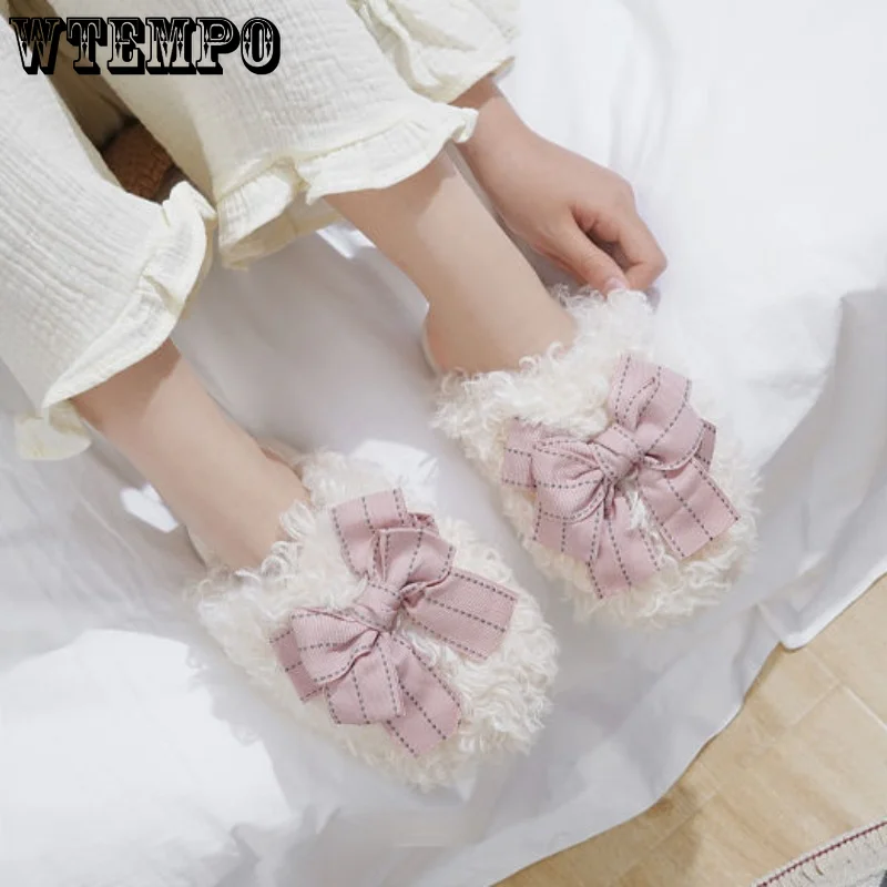 WTEMPO Winter Cotton Slippers Bow Tie Cute Thick Bottom Student Slippers Female Home Plush Anti-slip Warm Shoes Dropshipping