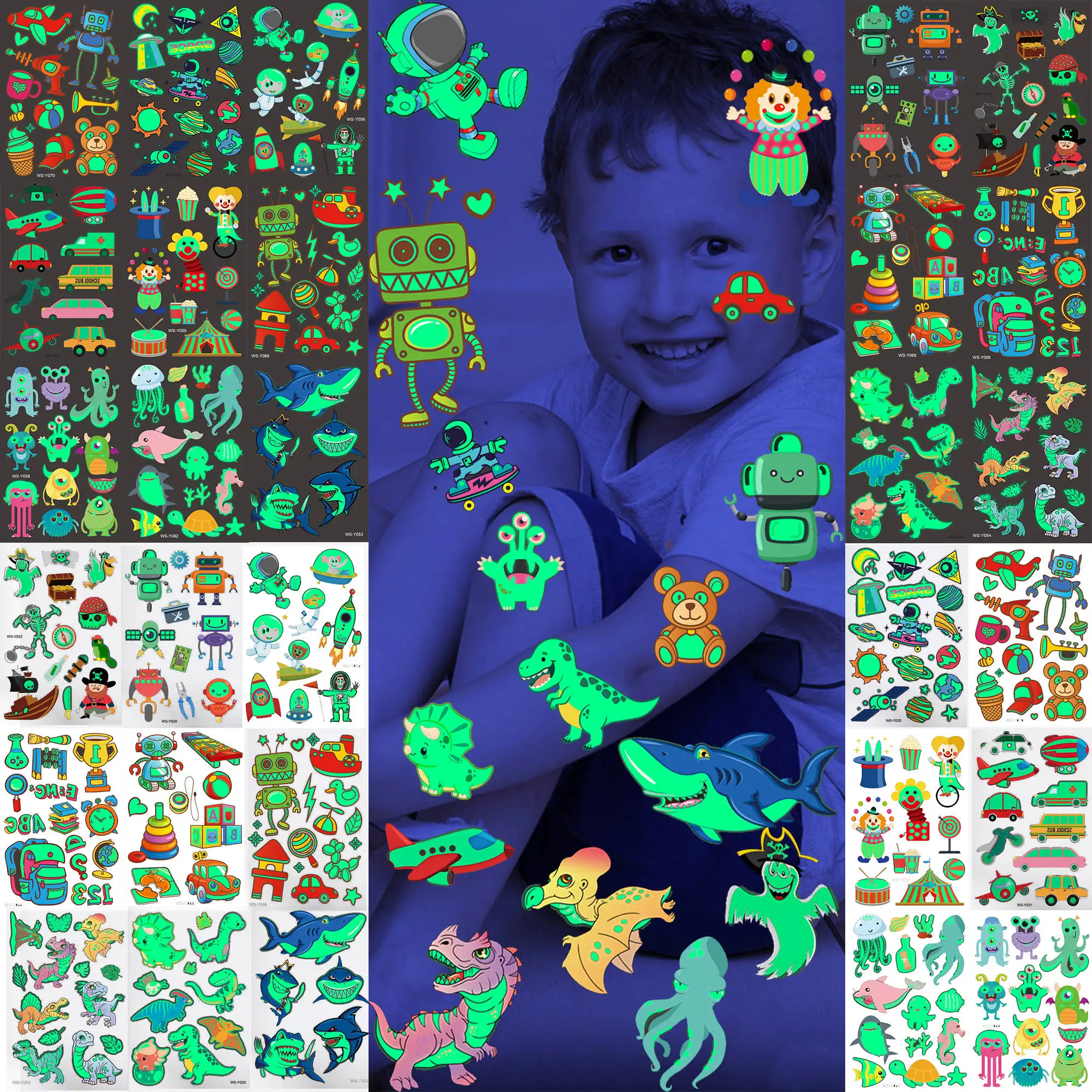 

Luminous Dinosaur Temporary Tattoos For Boys Glow In Dark Robot Car Fake Tattoo Sticker Teens Arm Astronaut Tatoos Waterproof 3D