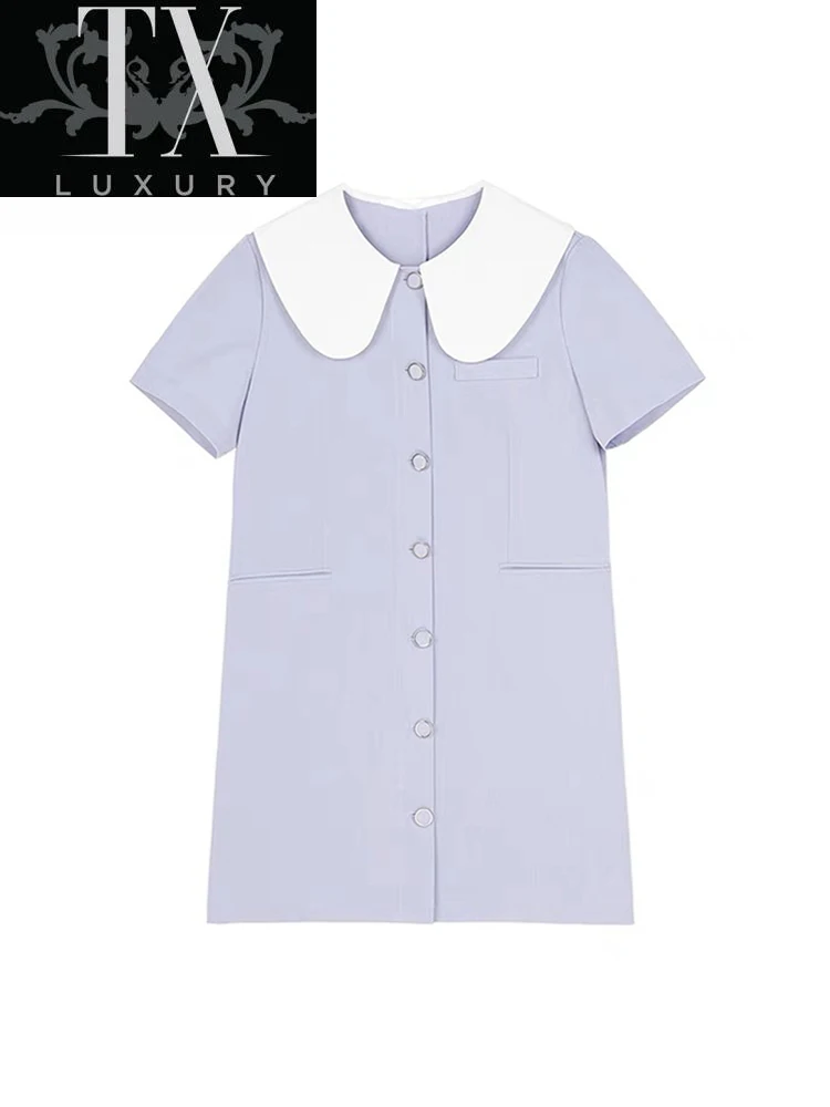 

Vintage Peter Pan Collar Purple Women Dress Preppy Style Short Sleeve Shirts Mini Dresses A-line High Waist Loose Vestidos Mujer