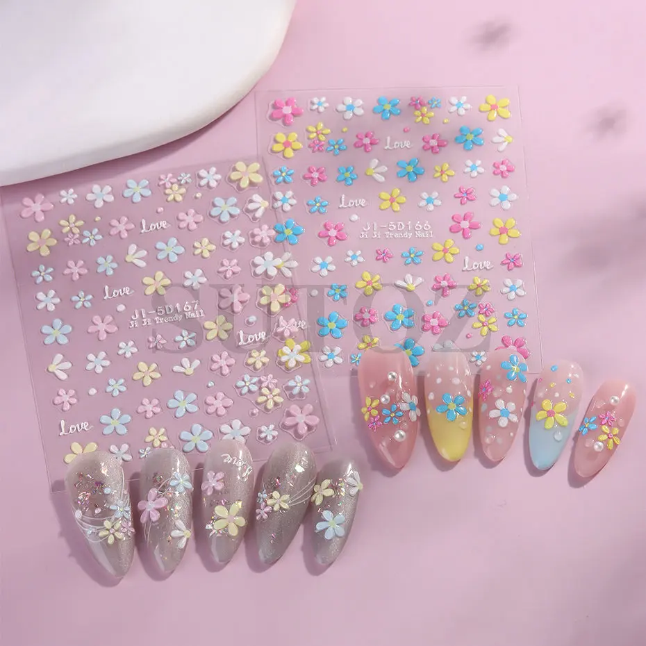 5D милые красочные цветы наклейки для дизайна ногтей тисненый цветок лето весна