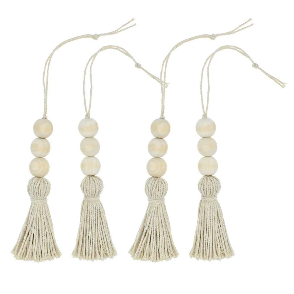 

6pcs Wooden Tassel Beads, Wood Bead Garland with Tassels, Cotton String Beading for Closet Door Handle Farmhouse Decor