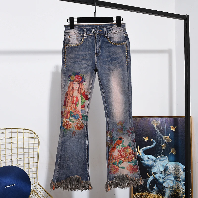 

Saveleva Beaded jeans for women with Rivet and diamond-encrusted casual street fashion cotton slim Flare Pants