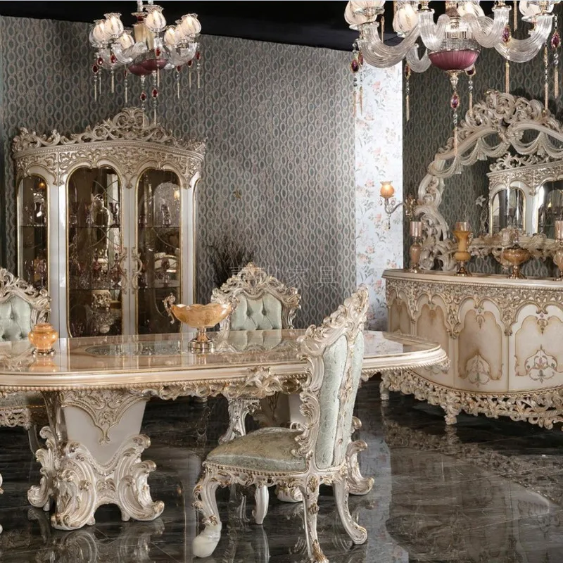 

Custom European luxury solid wood dining table log hand carved French palace villa dining room furniture