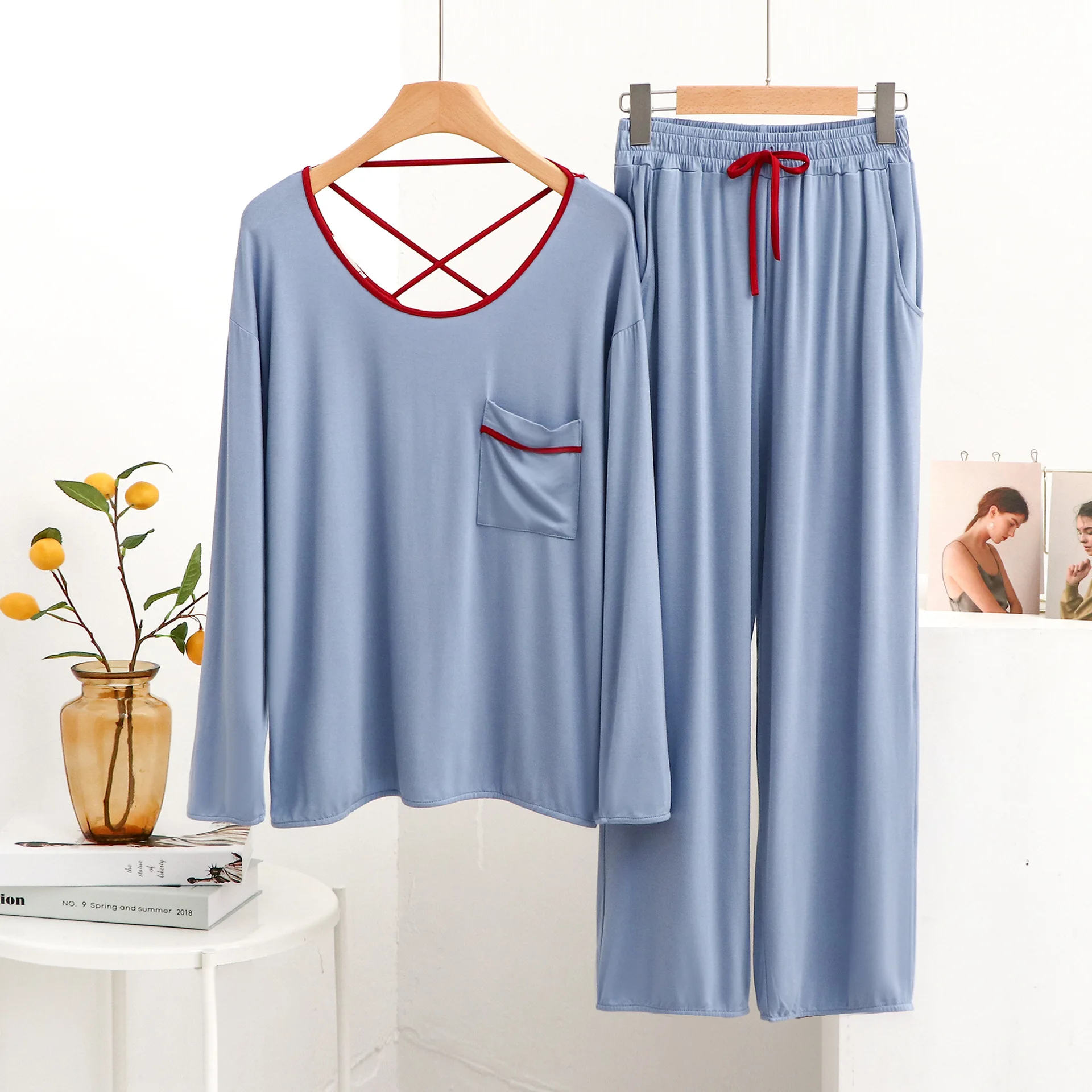 Spring Women Pajamas Set Modal Tracksuit Round Neck Beautiful Back Long Sleeve Pantsuits Red Hemming Loose Casual Outfit 2 Piece