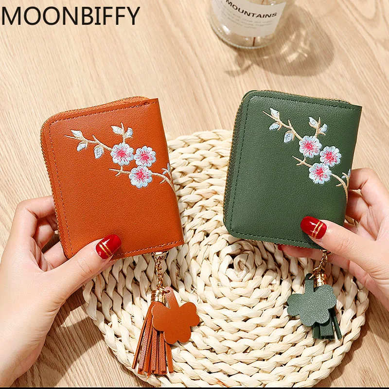

Plum Embroidered Wallet Chinese Style Women Short Zipper Ladies Small Clutch Card Holder Solid Leather Female Coin Purse Wallet