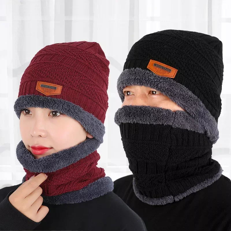 

Winter Men Women Beanie Hat Knitted Hat Winter Cap Beanie Female Thick Wool Neck Scarf Cap Balaclava Mask Bonnet Hats Set